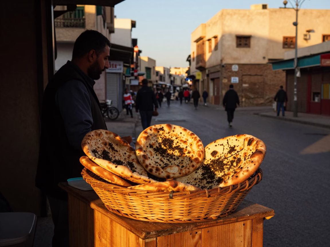 Casablanca Morocco Sunset Street Scene with Traditional Bakery Basket and Olive Wood Spoon in in Casablanca, Morocco