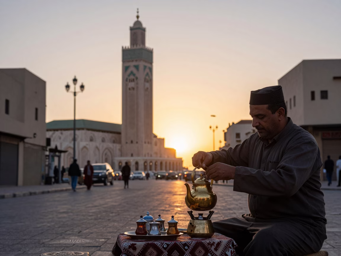 Casablanca Morocco Sunset Street Scene with Traditional Tea Service and Modern Architecture in in Casablanca, Morocco
