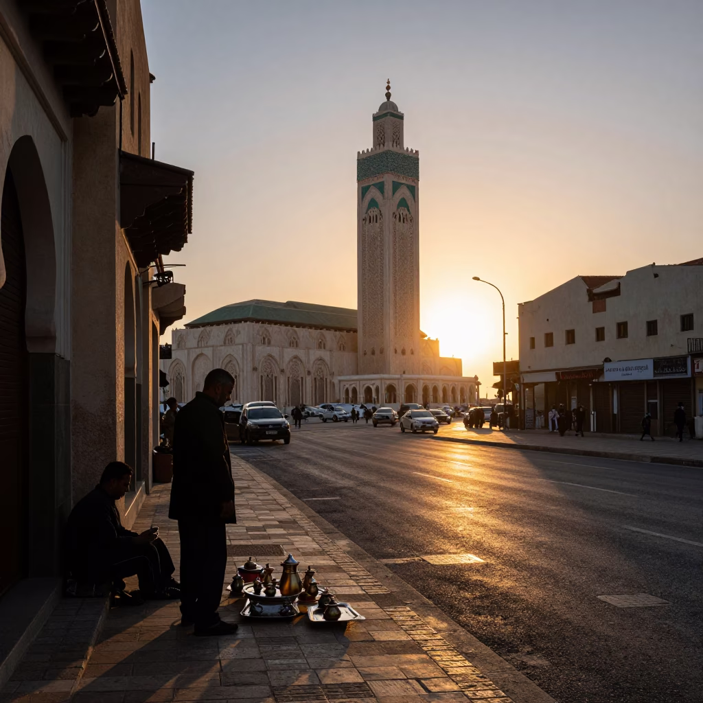 Casablanca Morocco Sunset Street Scene with Traditional Tea Service and Urban Architecture in in Casablanca, Morocco