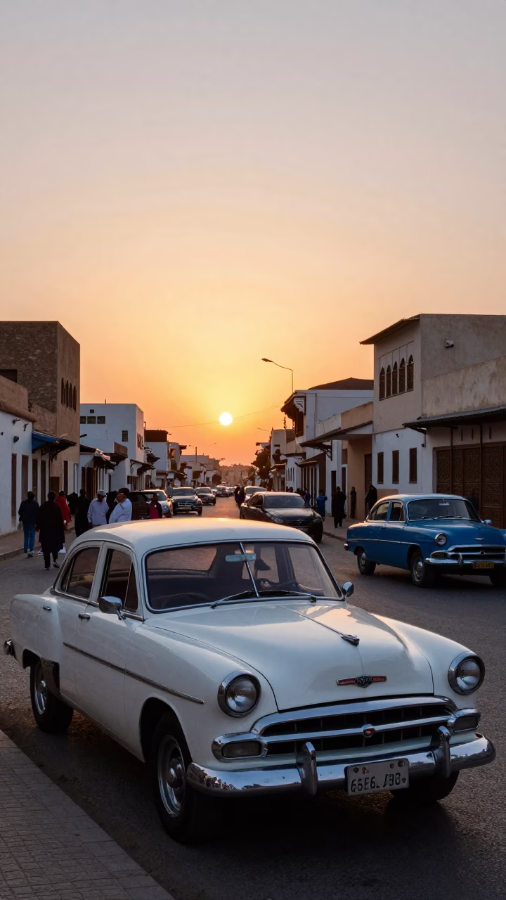 Casablanca Morocco Sunset Street Scene with Vintage Cars and Traditional Scarf in in Casablanca, Morocco