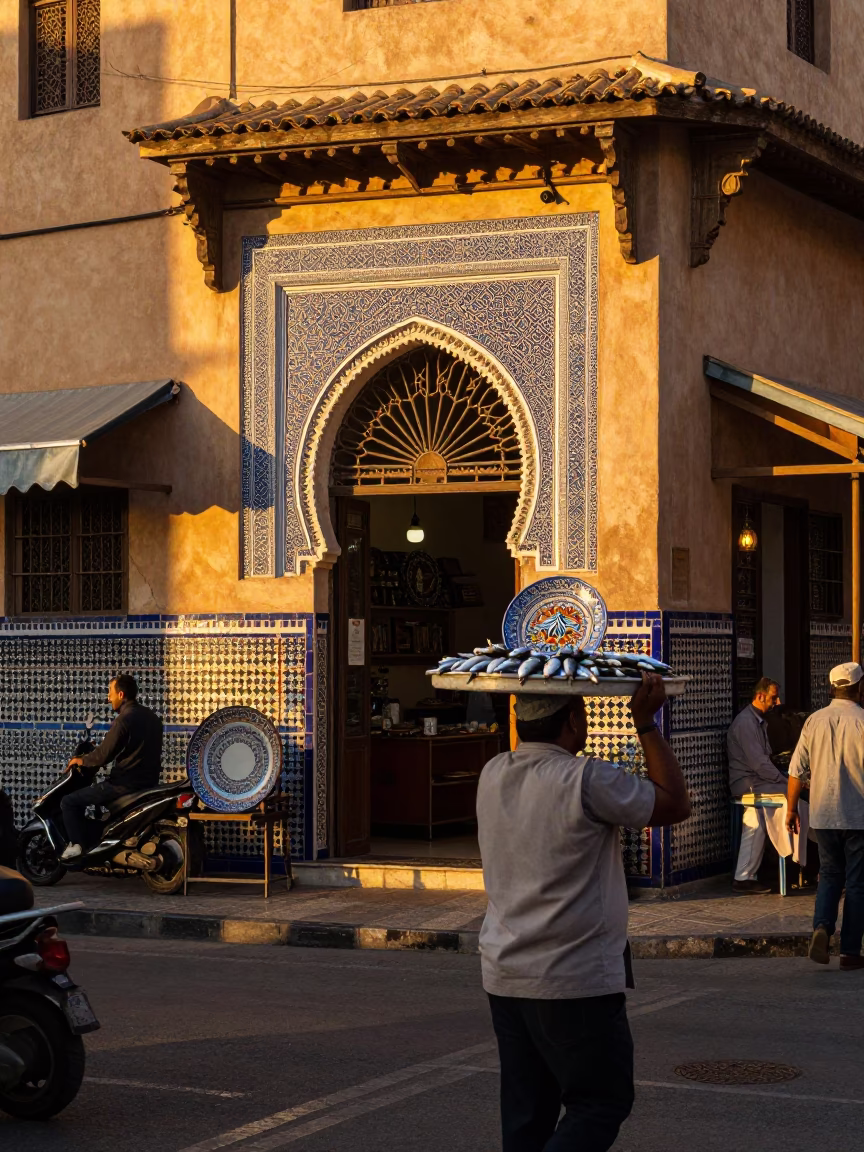 Casablanca Morocco Sunset Street Scene with Vintage Italian Majolica Plate and Sardines in in Casablanca, Morocco