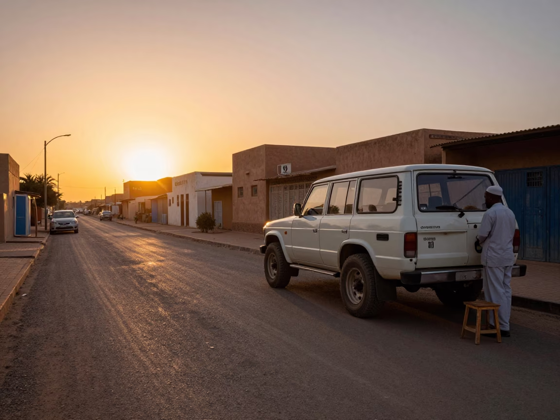 Casablanca Morocco Sunset Street Scene with Vintage SUV and Local Worker in in Casablanca, Morocco