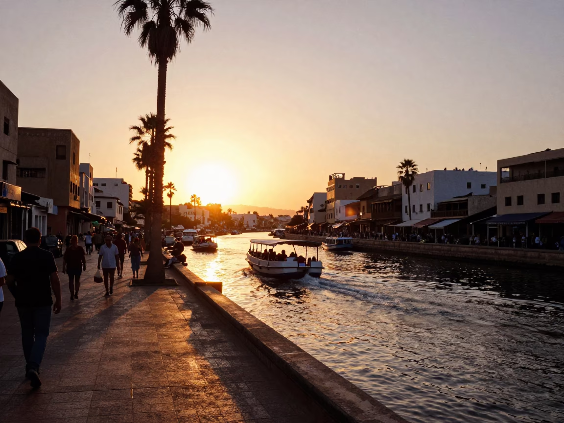 Casablanca Morocco Sunset Street Scene with Water Taxi and Canal Houseboats in in Casablanca, Morocco