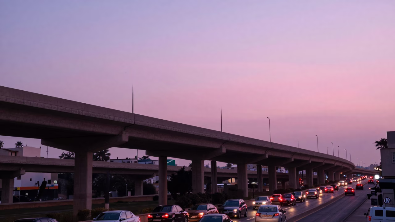 Casablanca Morocco Twilight Highway Flyover Stack Against Pink Evening Sky Street Scene in in Casablanca, Morocco