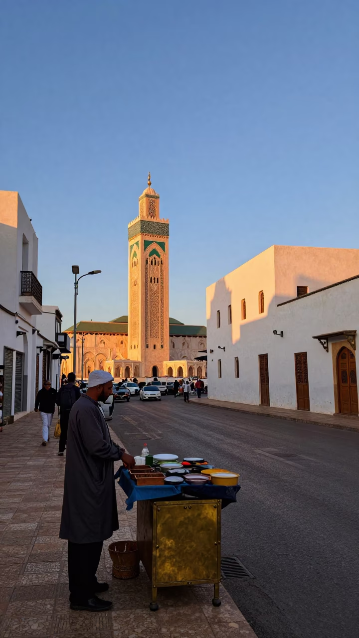 Casablanca Morocco Twilight Street Scene with Brass Details and Local Life in in Casablanca, Morocco