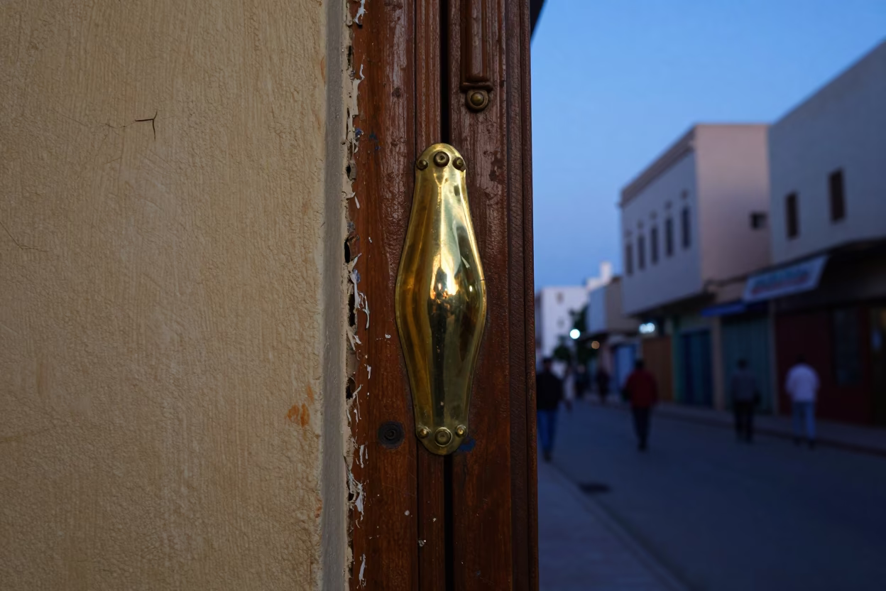 Casablanca Morocco Twilight Street Scene with Brass Hardware and Urban Details in in Casablanca, Morocco