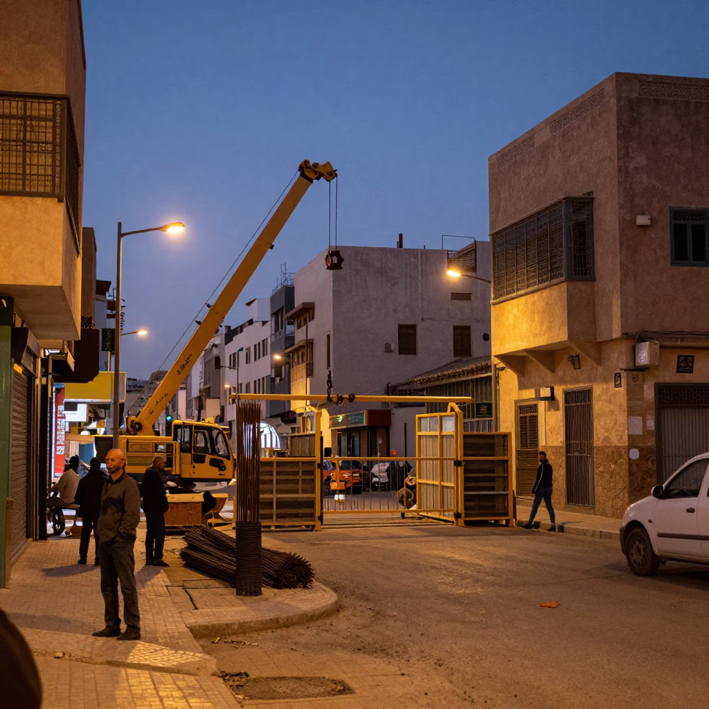 Casablanca Morocco Twilight Street Scene with Construction Site and Urban Life in in Casablanca, Morocco