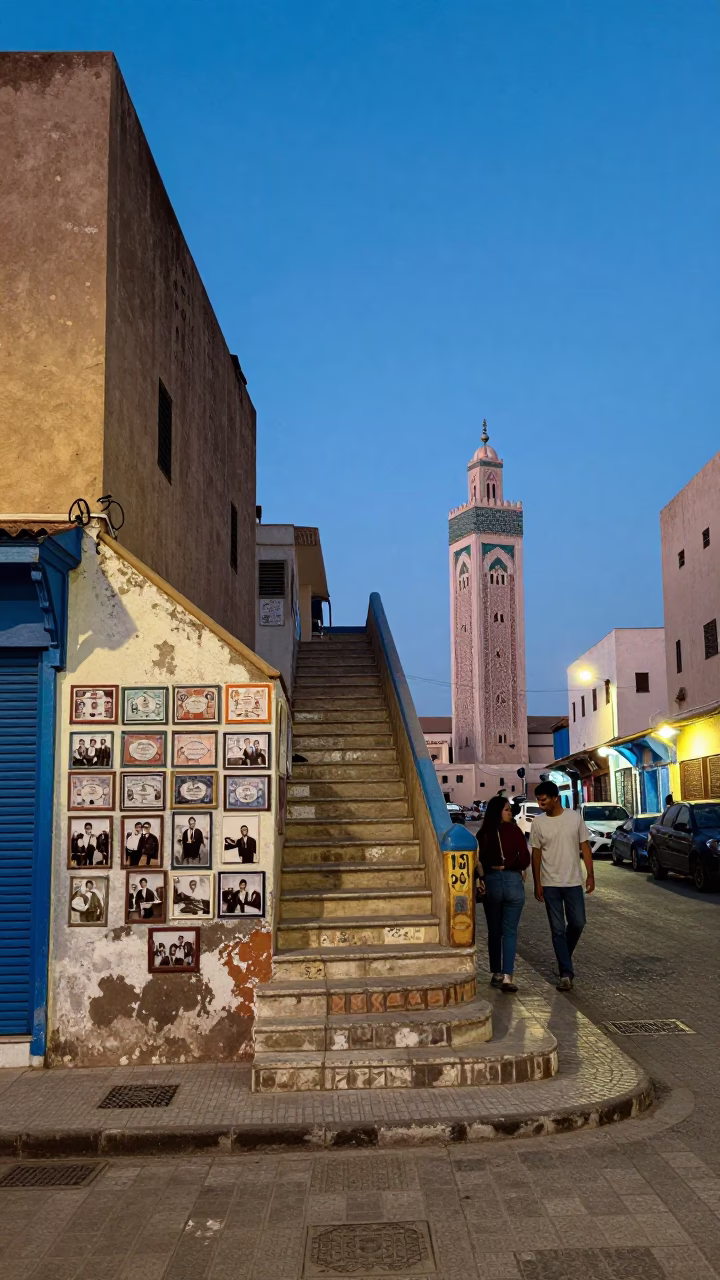 Casablanca Morocco Twilight Street Scene with Faded Championship Photos on Staircase Wall in in Casablanca, Morocco