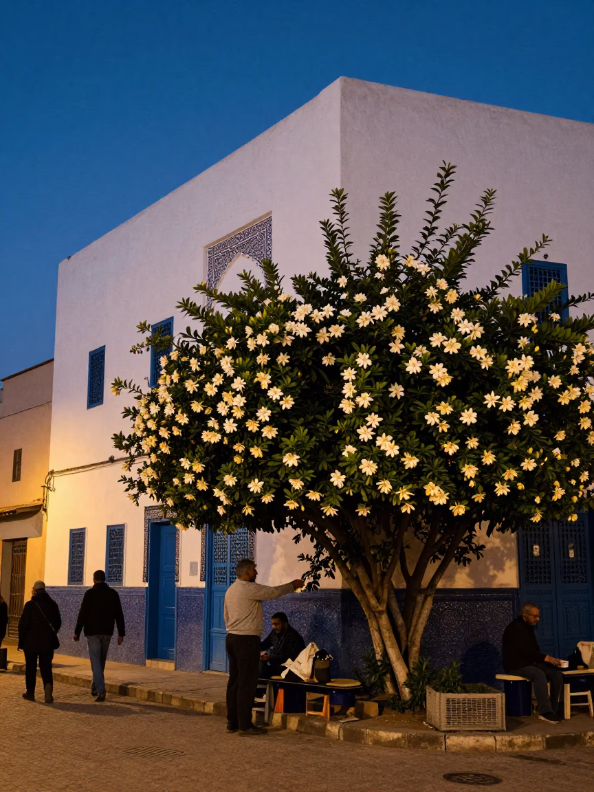 Casablanca Morocco Twilight Street Scene with Gardenia Bush and Traditional Architecture in in Casablanca, Morocco