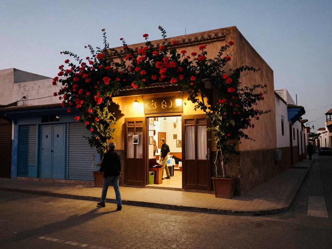 Casablanca Morocco Twilight Street Scene with Geraniums and Traditional Architecture in in Casablanca, Morocco
