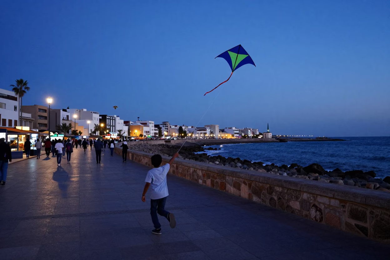 Casablanca Morocco Twilight Street Scene with Kites and Harbor Light in in Casablanca, Morocco