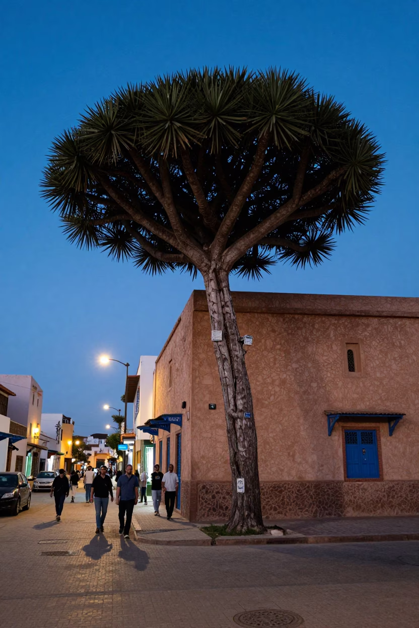 Casablanca Morocco Twilight Street Scene with Monkey Puzzle Tree and Local Life in in Casablanca, Morocco
