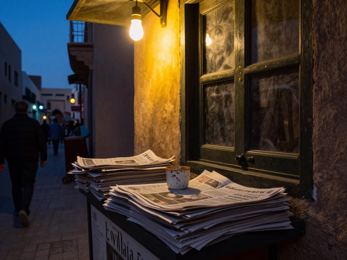 Casablanca Morocco Twilight Street Scene with Newspaper Stack and Window Light in in Casablanca, Morocco