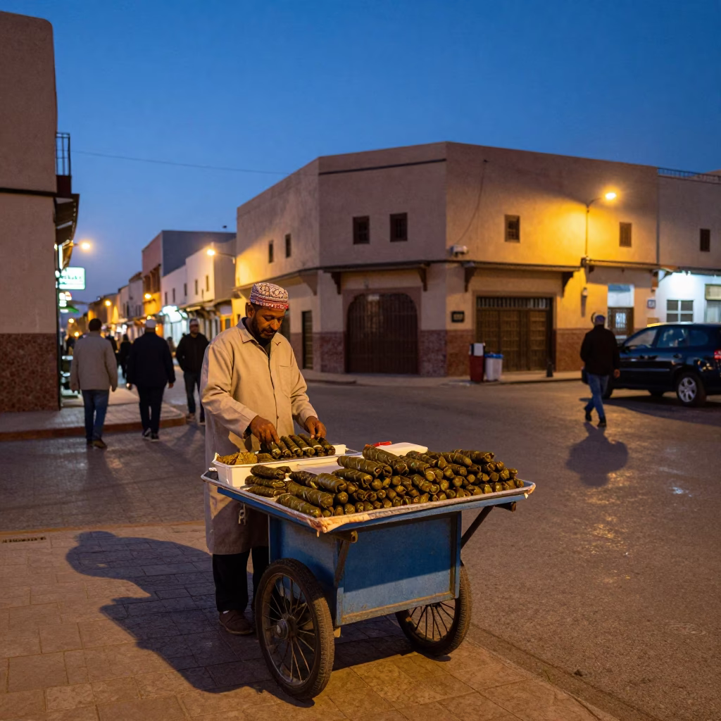 Casablanca Morocco Twilight Street Scene with Traditional Dolma and Local Life in in Casablanca, Morocco
