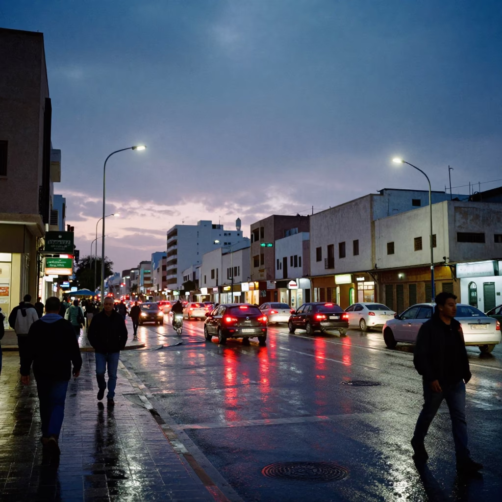 Casablanca Morocco Twilight Street Scene with Traffic and Urban Life in in Casablanca, Morocco