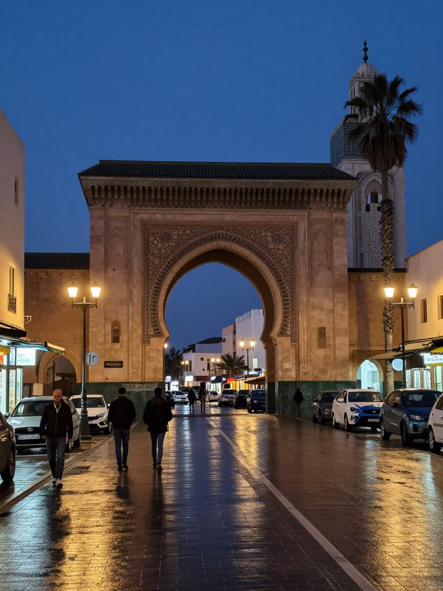 Casablanca Morocco Twilight Street Scene with University Archway and Wet Bicycle Rack in in Casablanca, Morocco