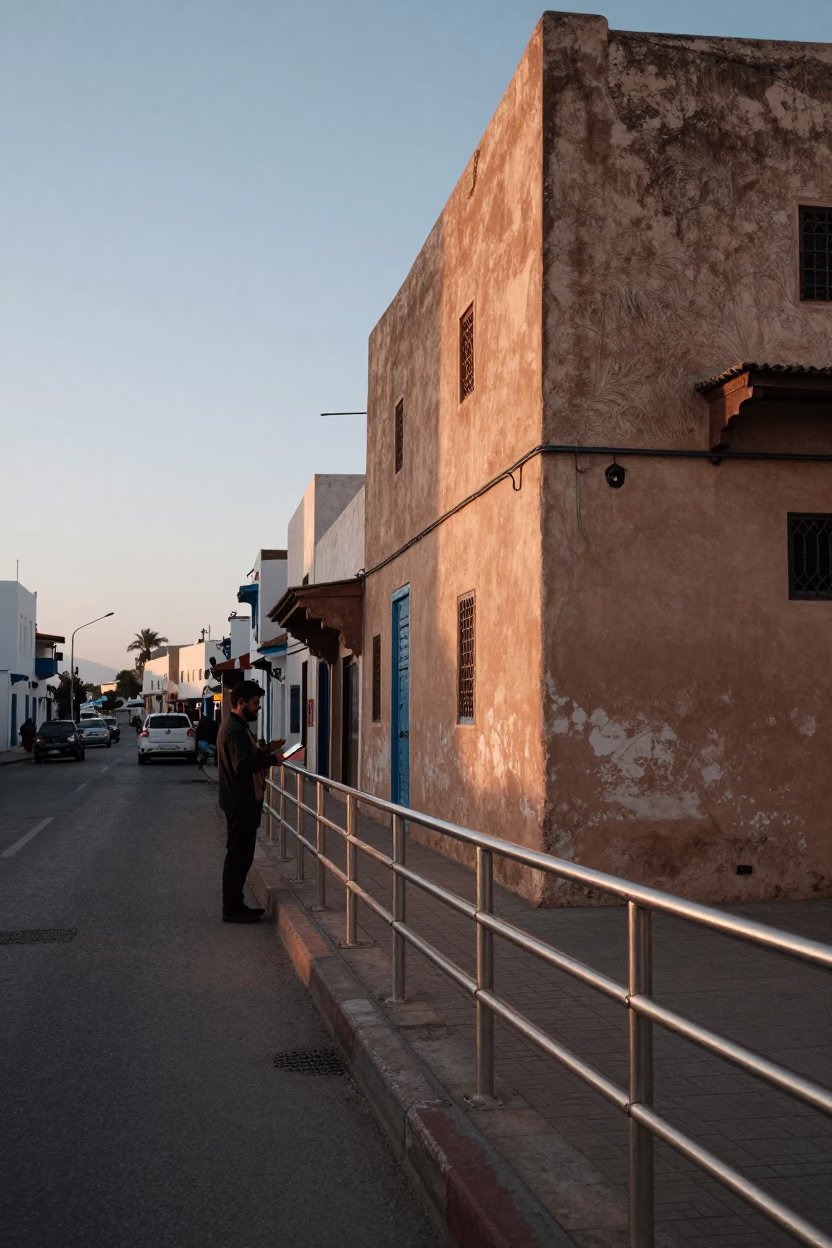 Casablanca Nautical Dawn Street Scene with Brushed Steel Rail and Local Market Activity in in Casablanca, Morocco