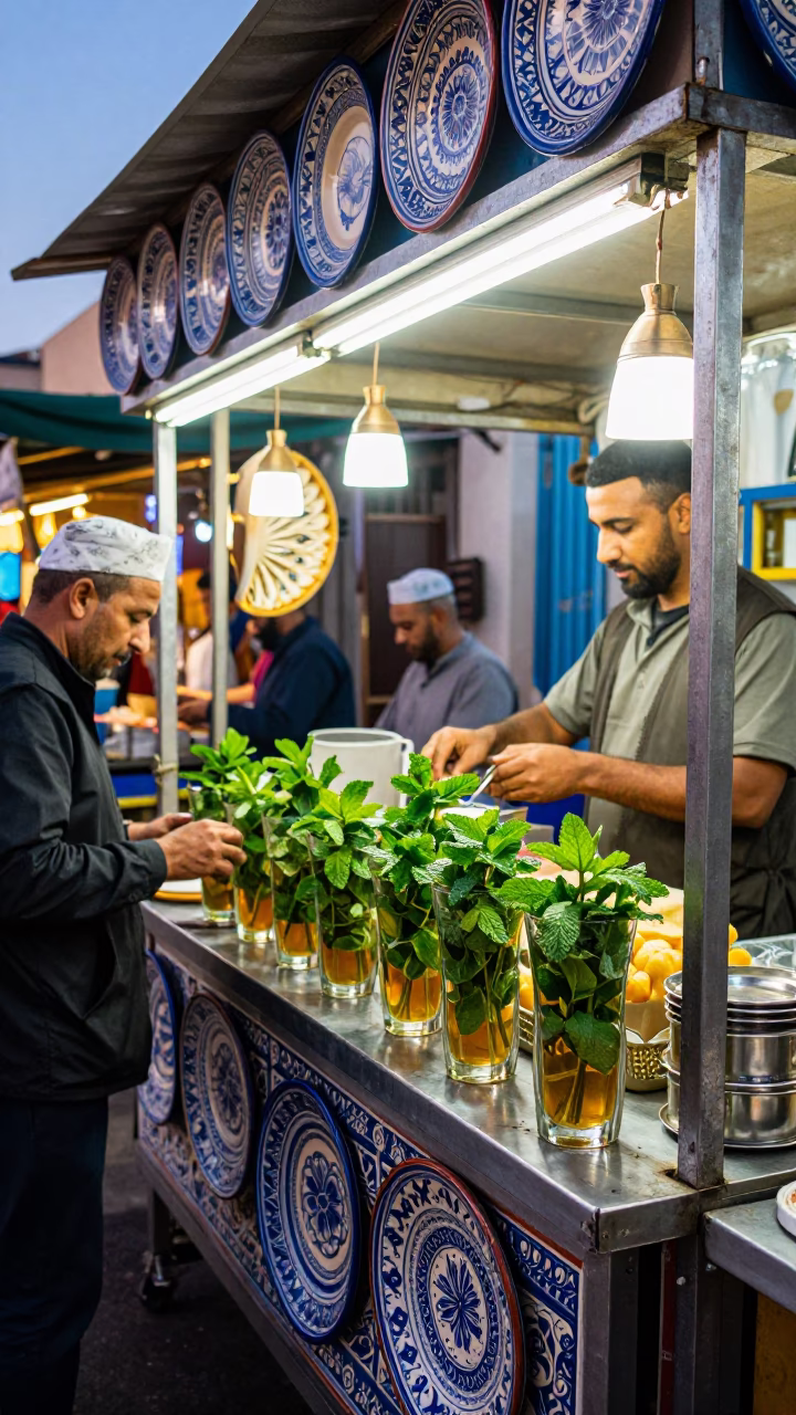 Casablanca Night Market Food Court Stall with Ceramic Plate and Glass Vases in in Casablanca, Morocco