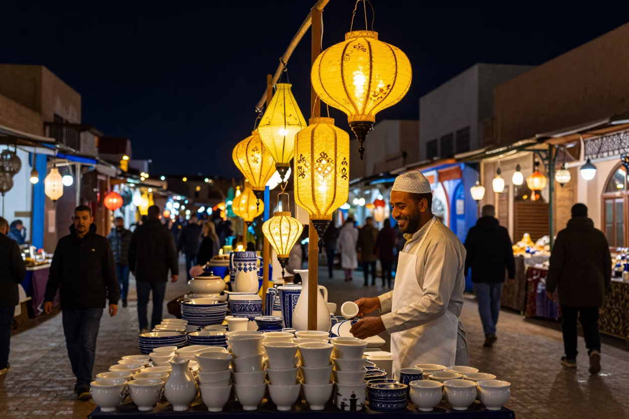 Casablanca Night Market Lanterns and Ceramic Bowls Under Deep Night Sky in in Casablanca, Morocco