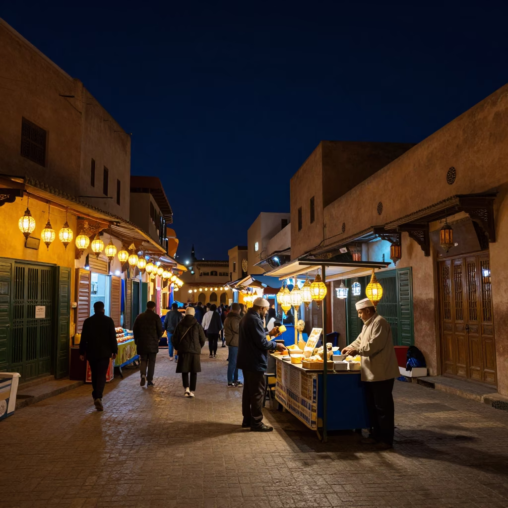 Casablanca Night Market Street Scene with Lanterns and Local Diners in in Casablanca, Morocco