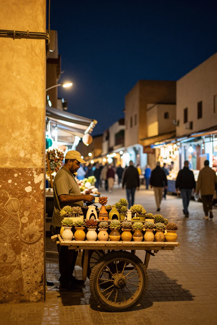 Casablanca Night Market Street Scene with Succulents and Ceramic Pitcher in in Casablanca, Morocco