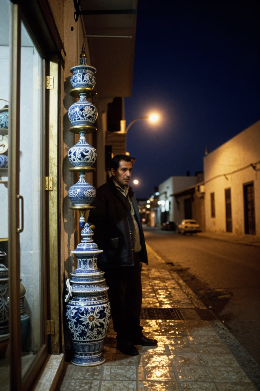 Casablanca Night Street Scene with Blue Porcelain and Brass Hinge Details in in Casablanca, Morocco