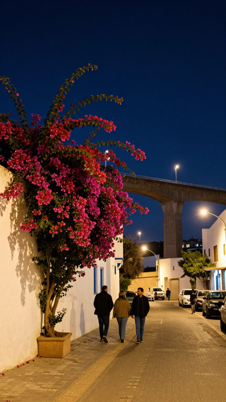 Casablanca Night Street Scene with Bougainvillea and Concrete Viaduct Under Deep Sky in in Casablanca, Morocco