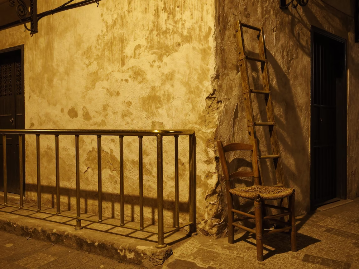 Casablanca Night Street Scene with Brass Rail and Ladder Chair in in Casablanca, Morocco