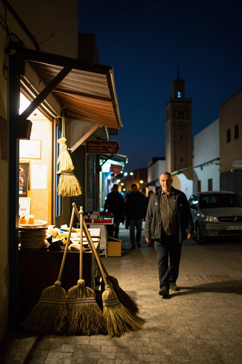 Casablanca Night Street Scene with Brooms and Local Vendor Under Deep Night Sky in in Casablanca, Morocco
