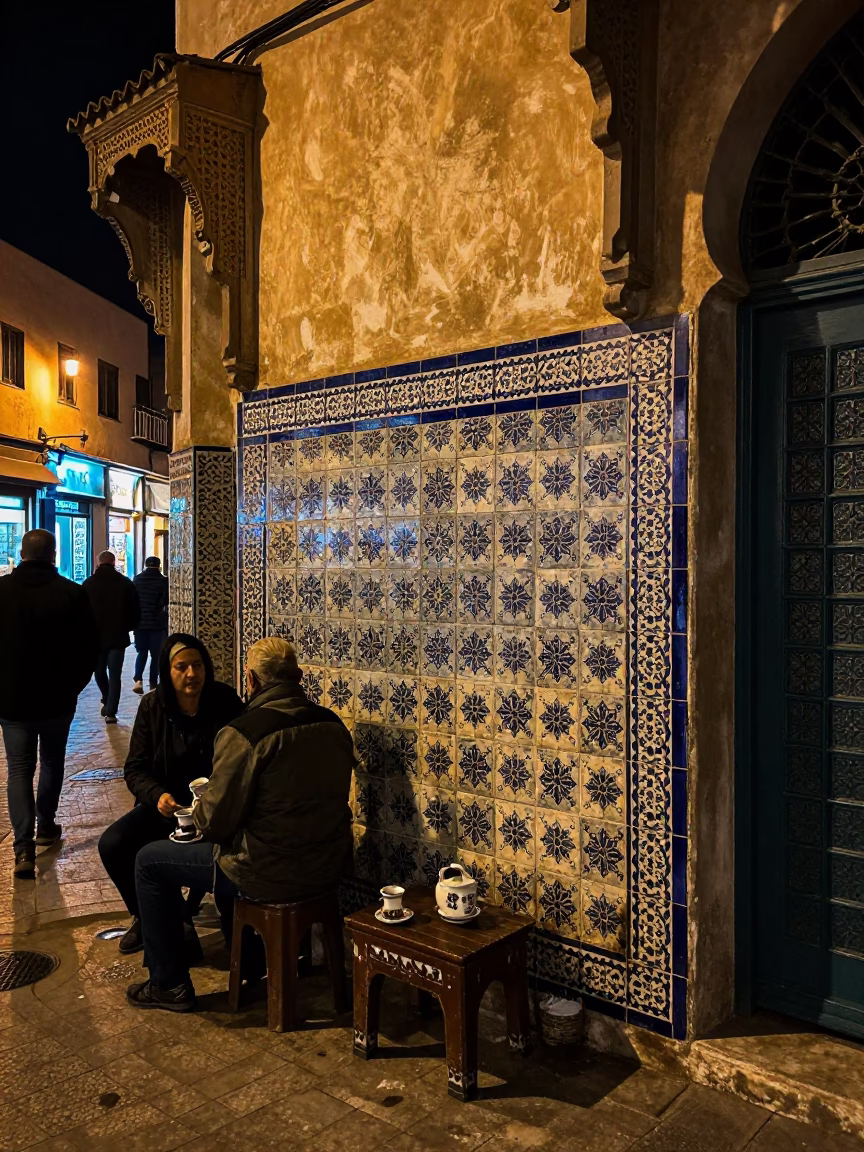 Casablanca Night Street Scene with Ceramic Tiles and Tea Canister in in Casablanca, Morocco