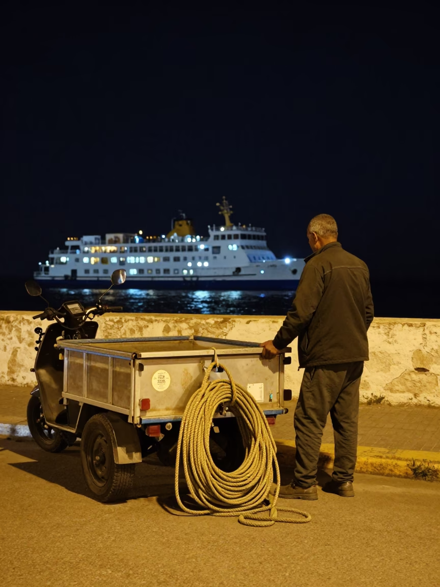 Casablanca Night Street Scene with Coiled Rope and Ferry Silhouette Under Deep Night Sky in in Casablanca, Morocco