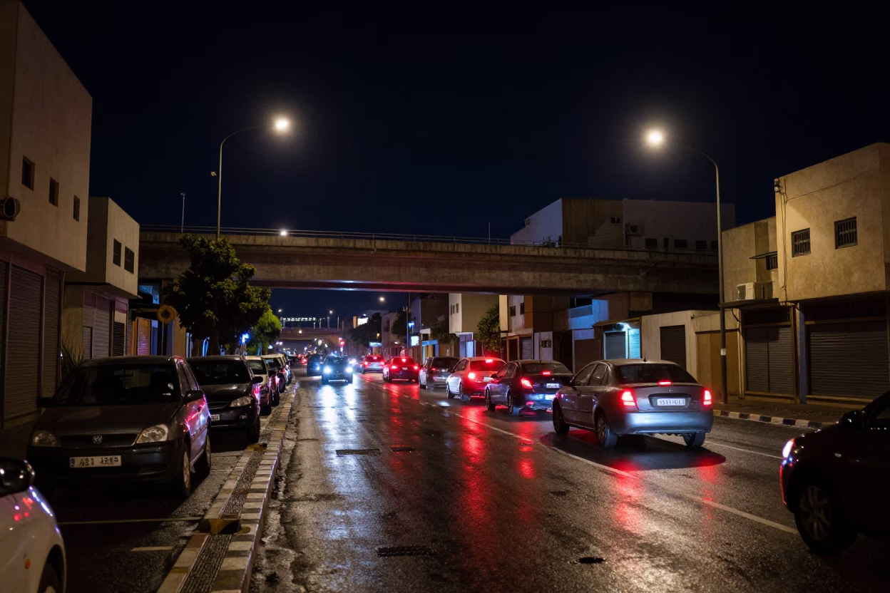 Casablanca Night Street Scene with Overpass Interchange Glowing Taillights After Rain in in Casablanca, Morocco