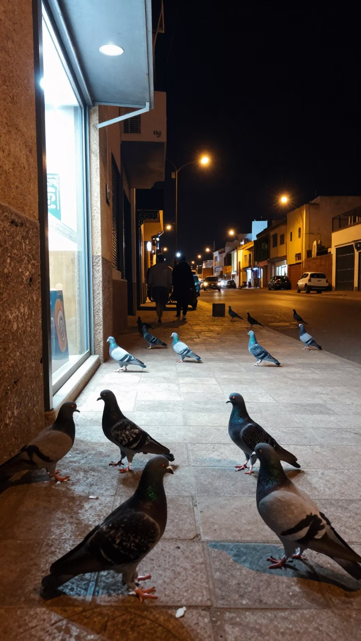 Casablanca Night Street Scene with Pigeons and Distant City Lights in in Casablanca, Morocco