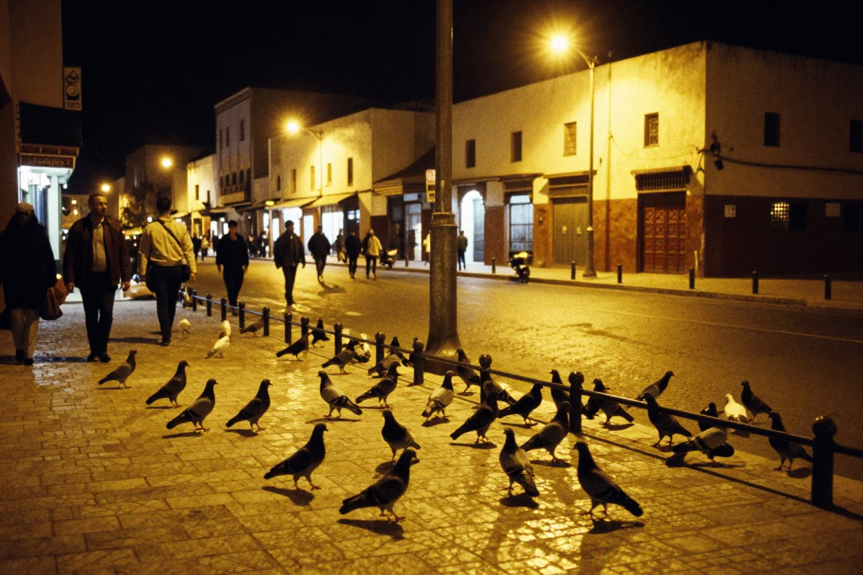 Casablanca Night Street Scene with Pigeons and Peg Rails in Morocco in in Casablanca, Morocco
