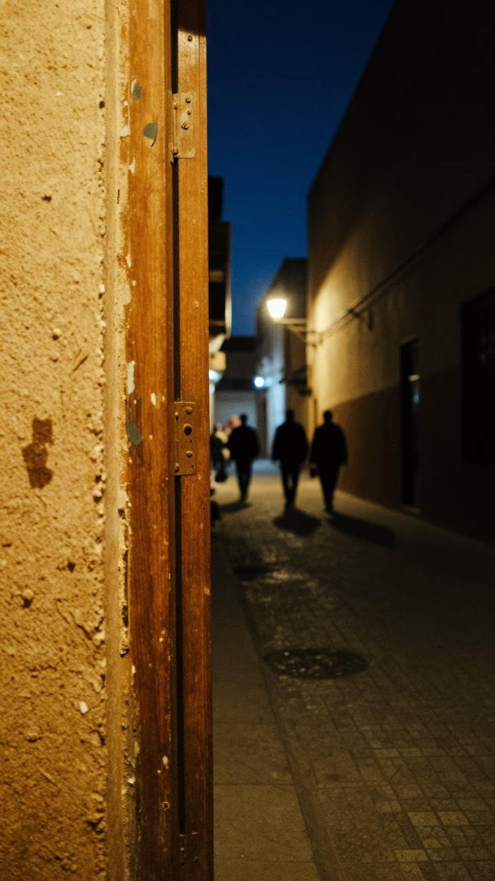 Casablanca Night Street Scene with Smudged Doorframe and Local Life in in Casablanca, Morocco