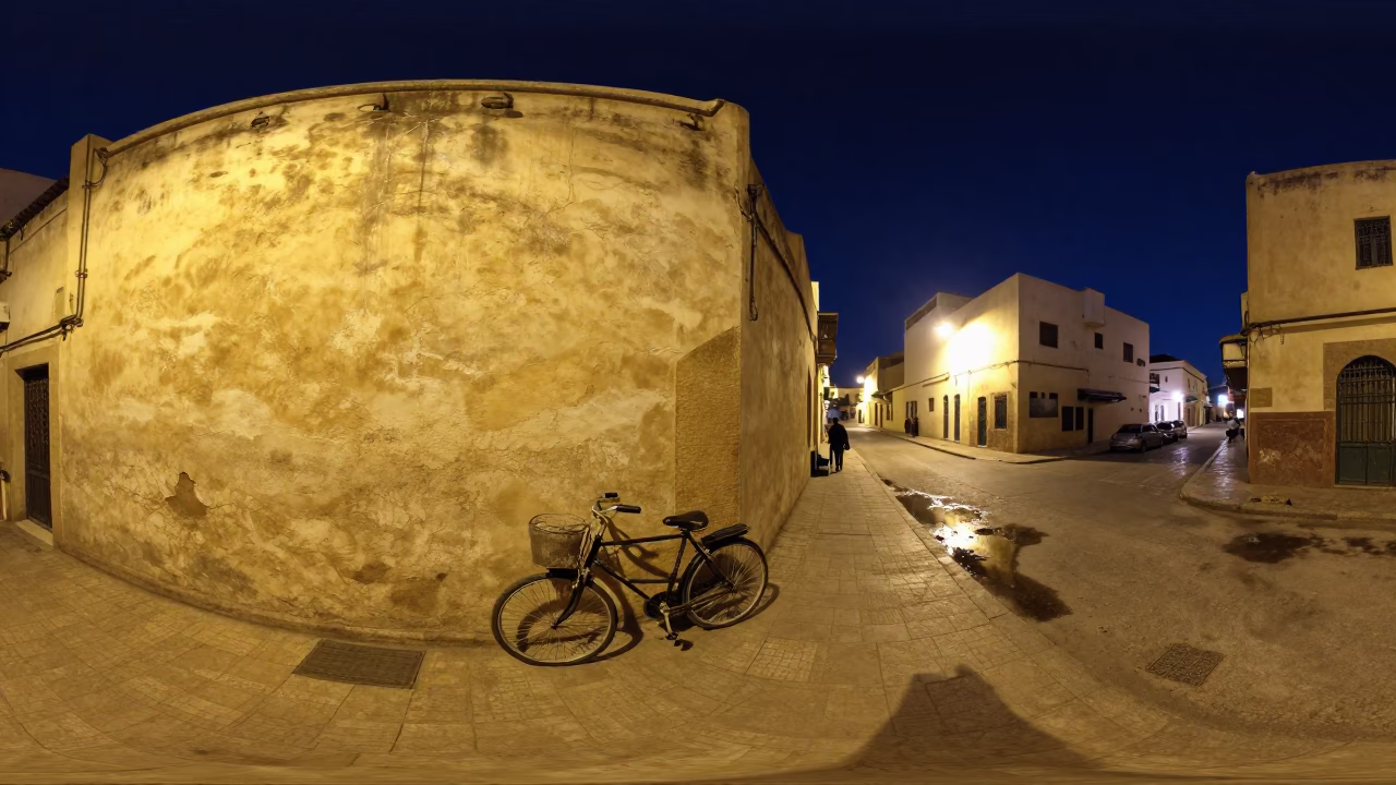 Casablanca Night Street Scene with Vintage Bicycle and Puddle Reflections in in Casablanca, Morocco