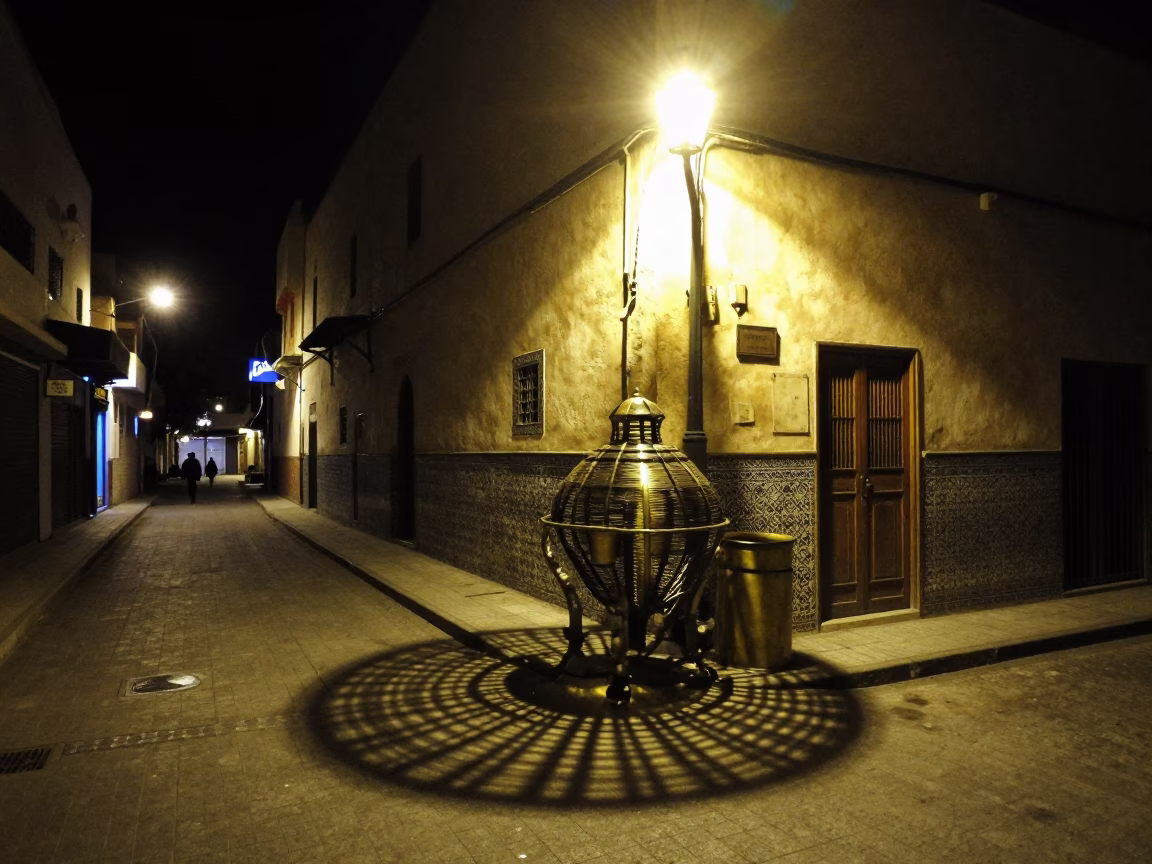 Casablanca Night Street Scene with Wicker Shadow and Brass Detail in in Casablanca, Morocco