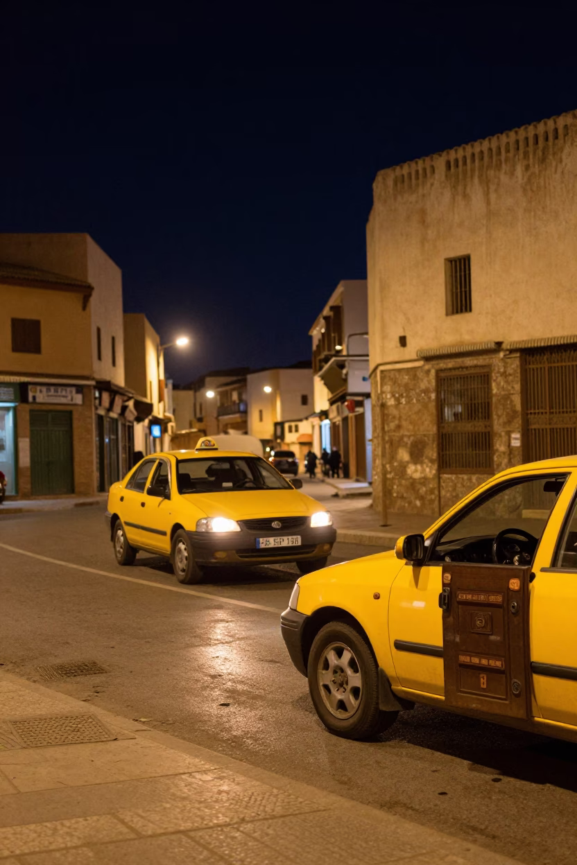 Casablanca Night Street Scene with Yellow Taxi and Door Latch in in Casablanca, Morocco