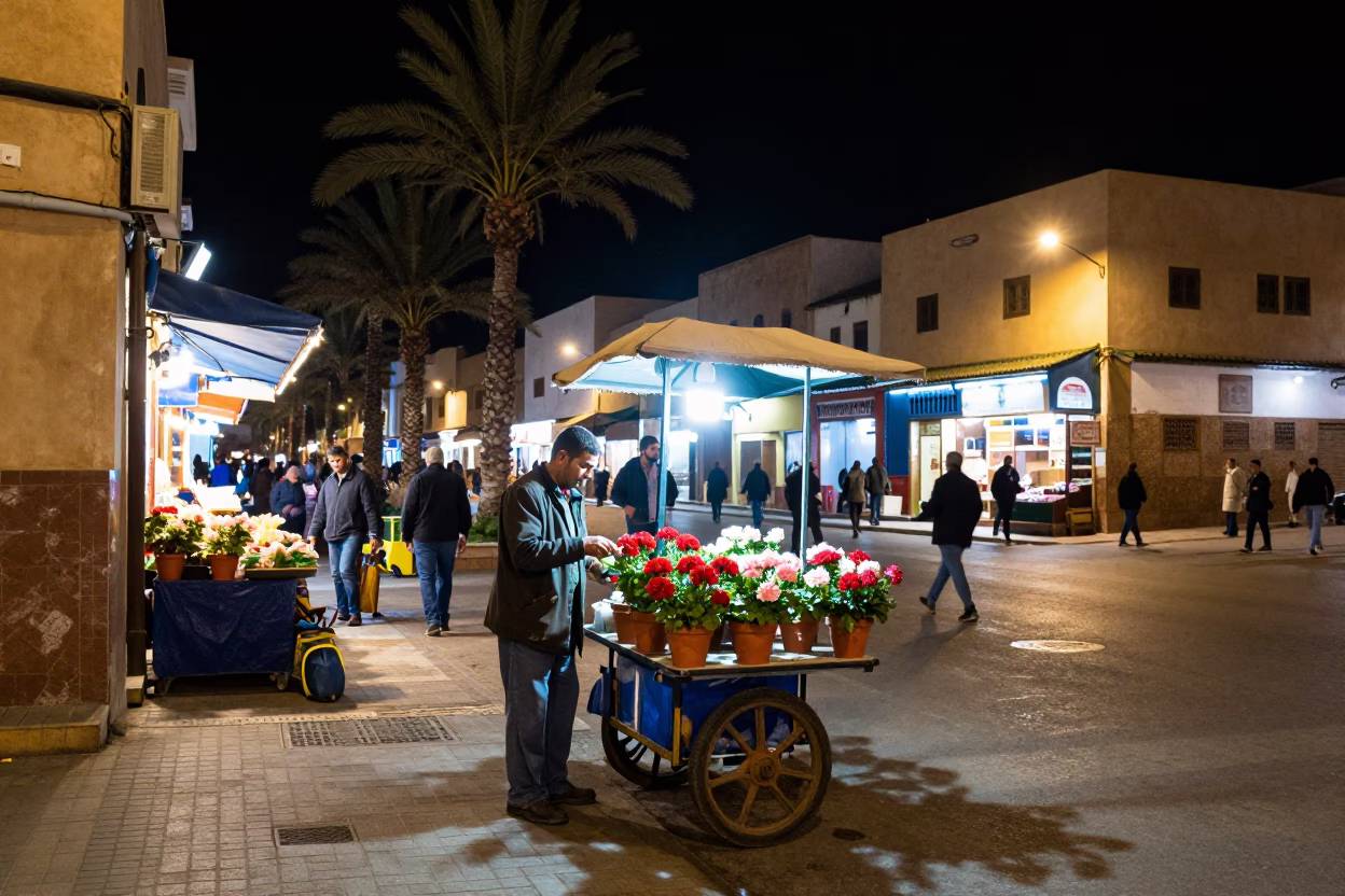 Casablanca Nightlife Street Scene with Palm Trees and Local Activity in in Casablanca, Morocco