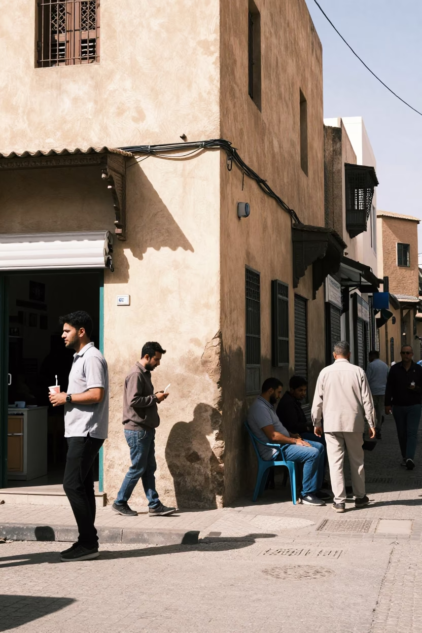 Casablanca Noon Street Scene with Toothbrush Cup and Local Life in in Casablanca, Morocco