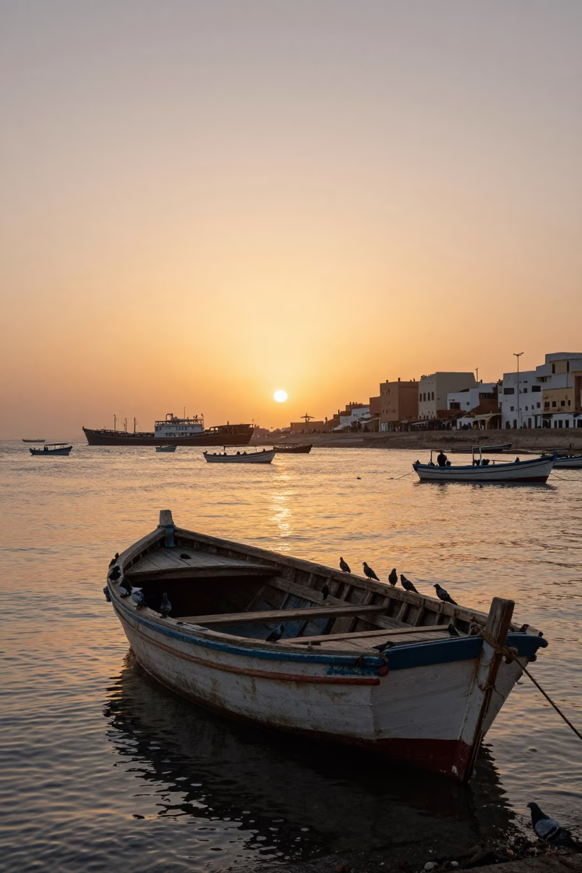 Casablanca Port Sunset with Traditional Wooden Boat and Pigeons in in Casablanca, Morocco