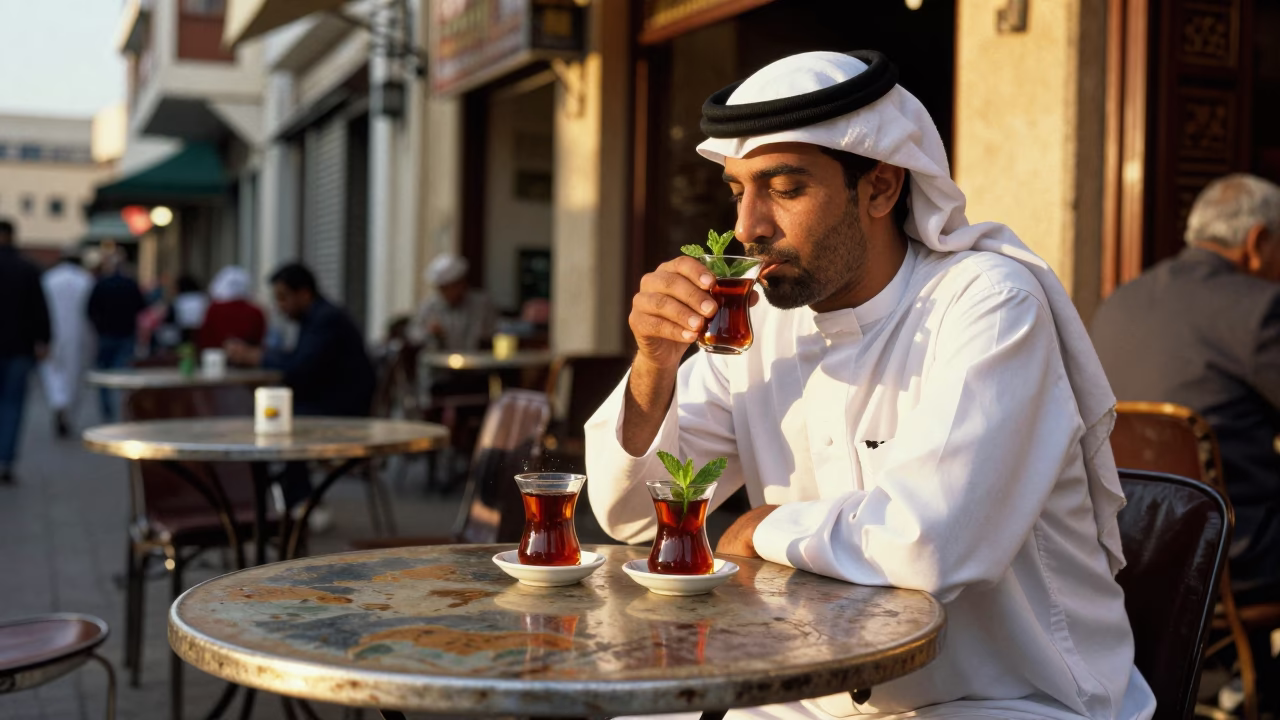 Casablanca Street Café Honeyed Evening Light with Tea and Local Interaction in in Casablanca, Morocco