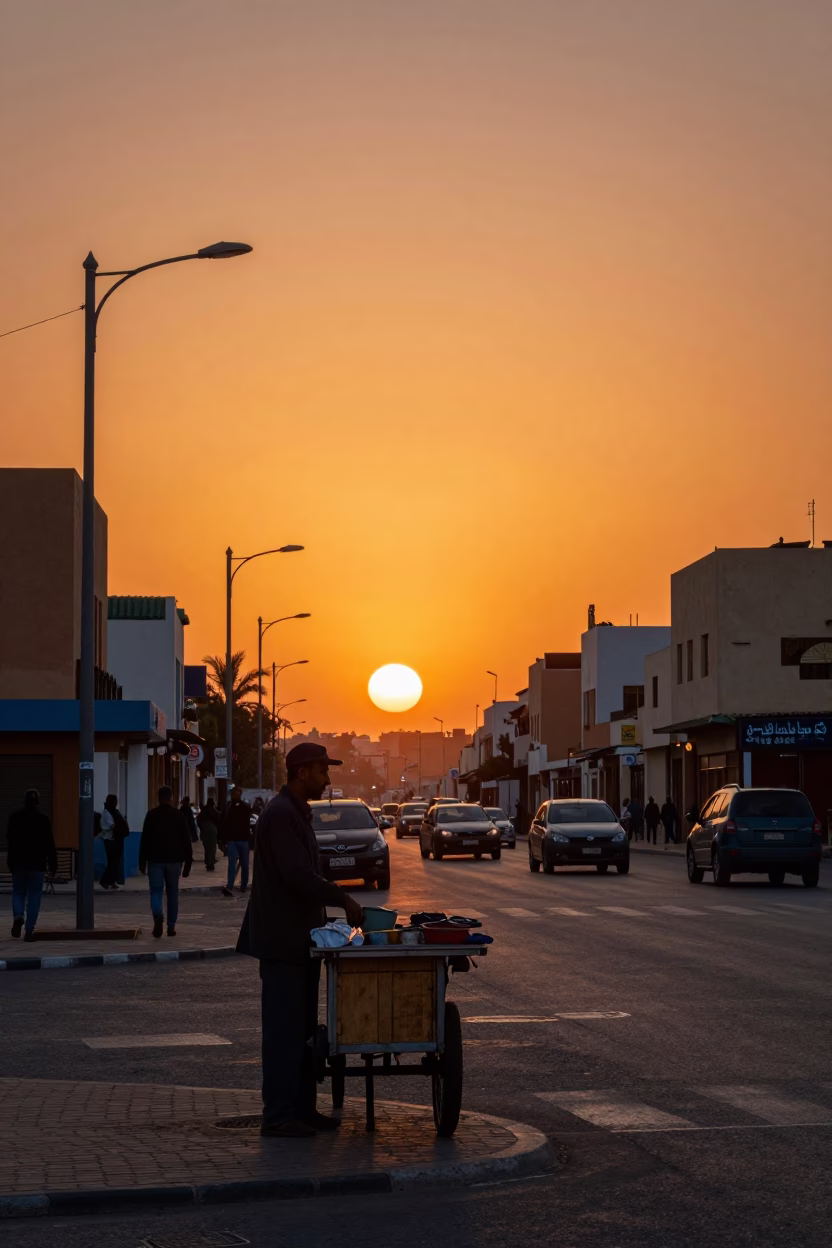 Casablanca Street Corner at As The Sun Drops Toward The Horizon in in Casablanca, Morocco