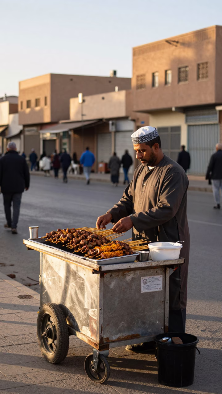 Casablanca Street Food Vendor Serving Suya Skewers in Early Evening Light in in Casablanca, Morocco