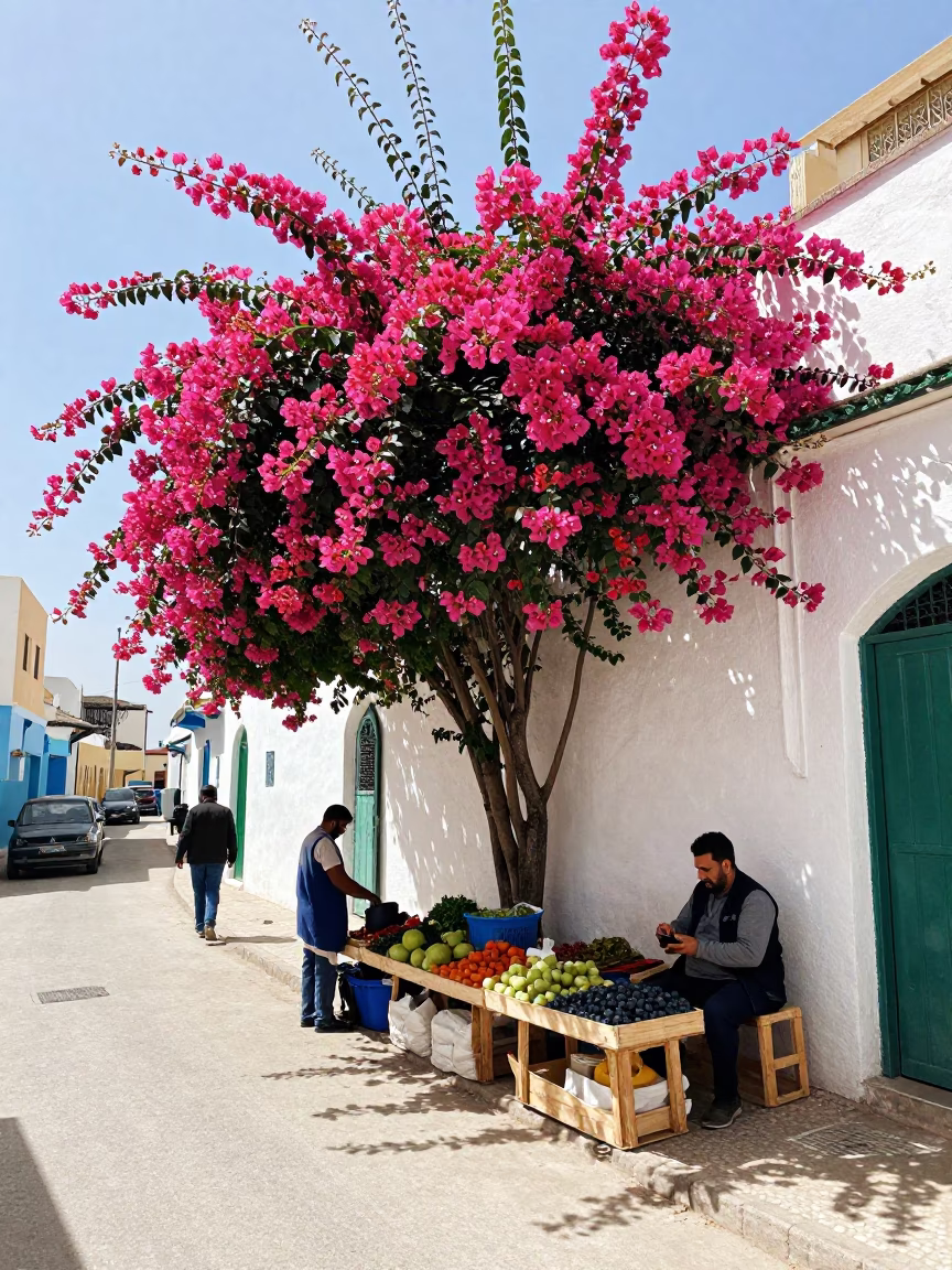 Casablanca Street Scene at Bright Midmorning Light in in Casablanca, Morocco