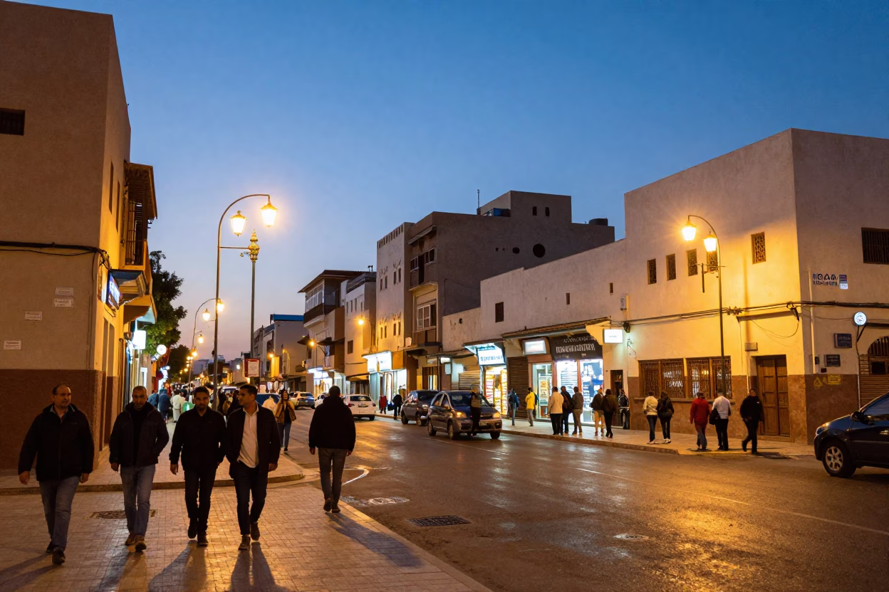 Casablanca street scene at dusk with glowing lights and traditional Moroccan elements in in Casablanca, Morocco