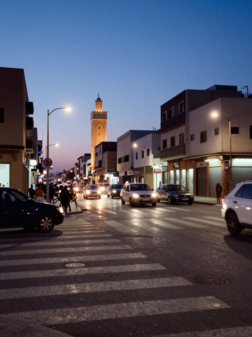 Casablanca Street Scene at Indigo Twilight After Sunset in in Casablanca, Morocco
