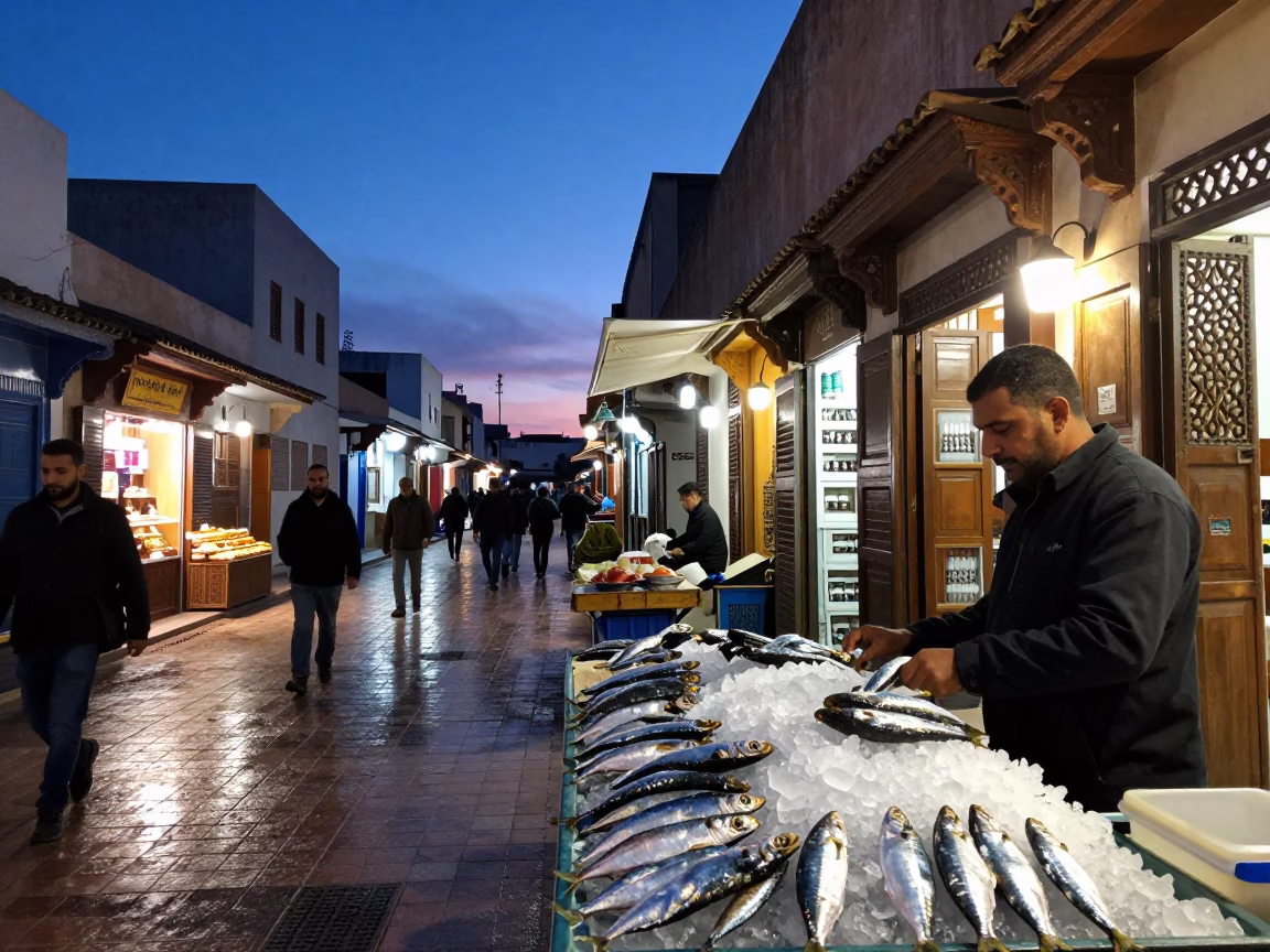 Casablanca Street Scene at Indigo Twilight After Sunset in in Casablanca, Morocco