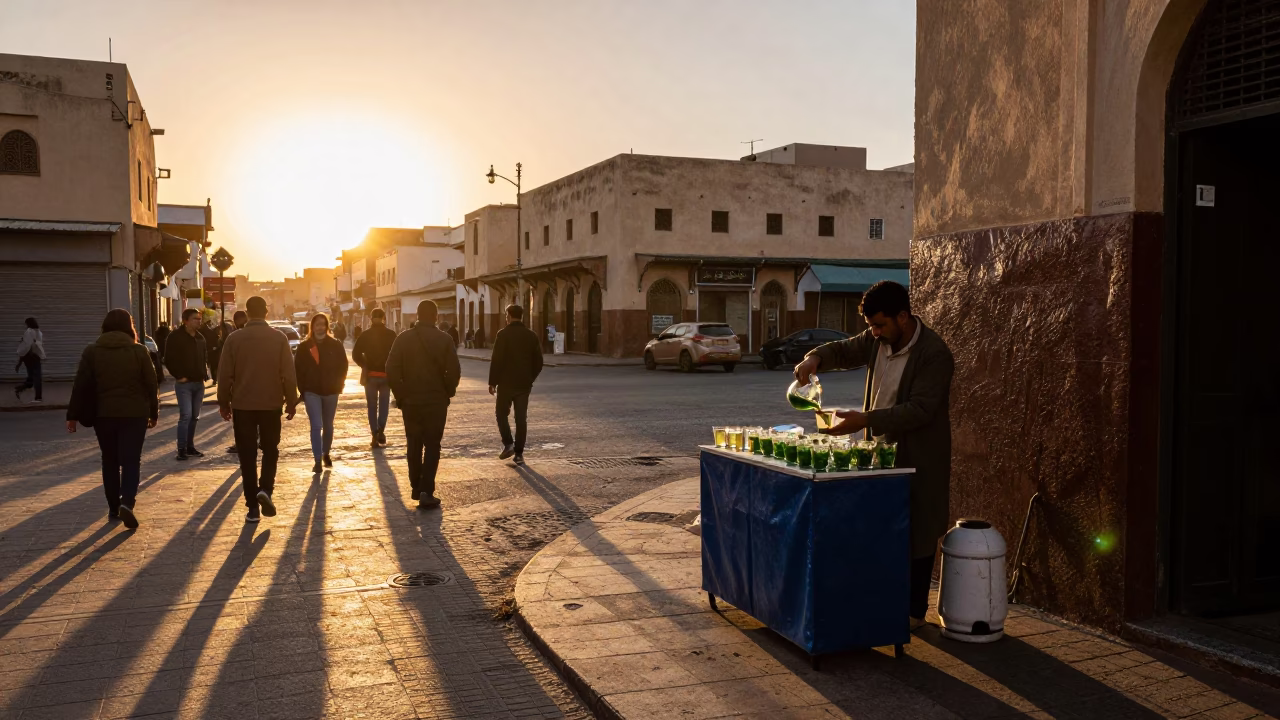 Casablanca Street Scene at Sunset with Tea Seller and Urban Details in in Casablanca, Morocco