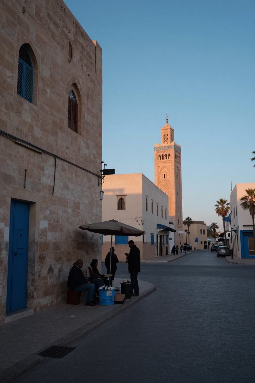 Casablanca Street Scene Before Dawn with Local Vendor and Sewing Scissors in in Casablanca, Morocco